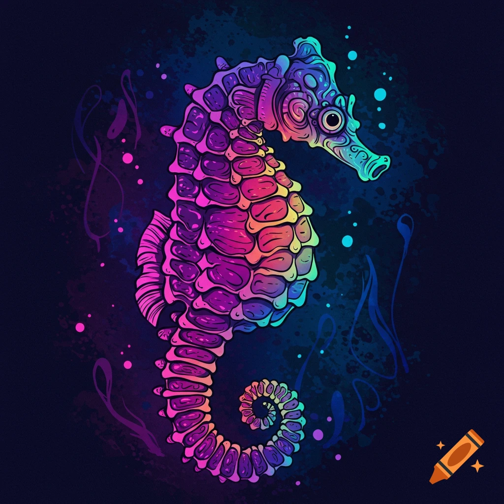 Colorful psychedelic seahorse illustration on a dark background