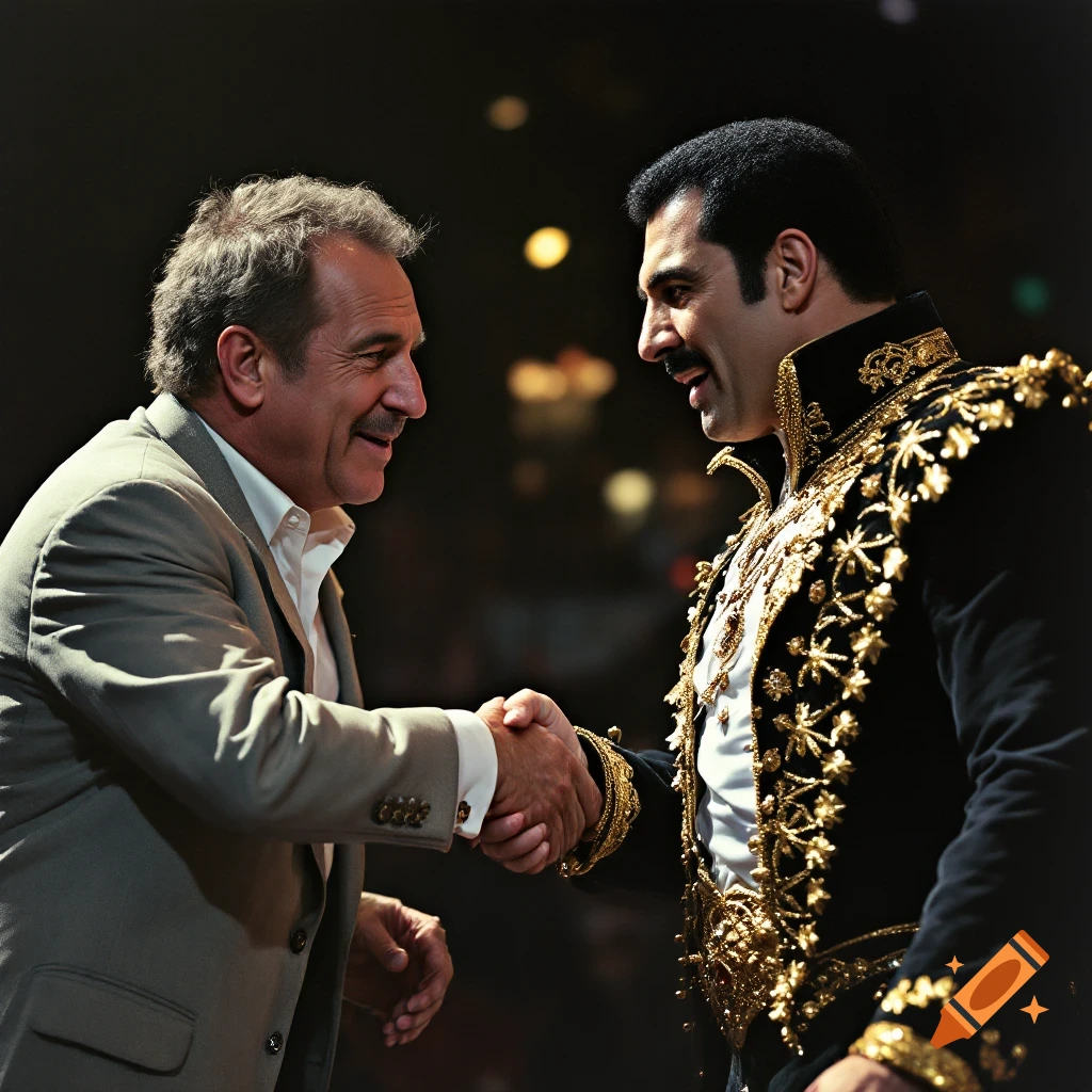 Two men resembling Mel Brooks and Freddie Mercury shake hands on a dark stage.