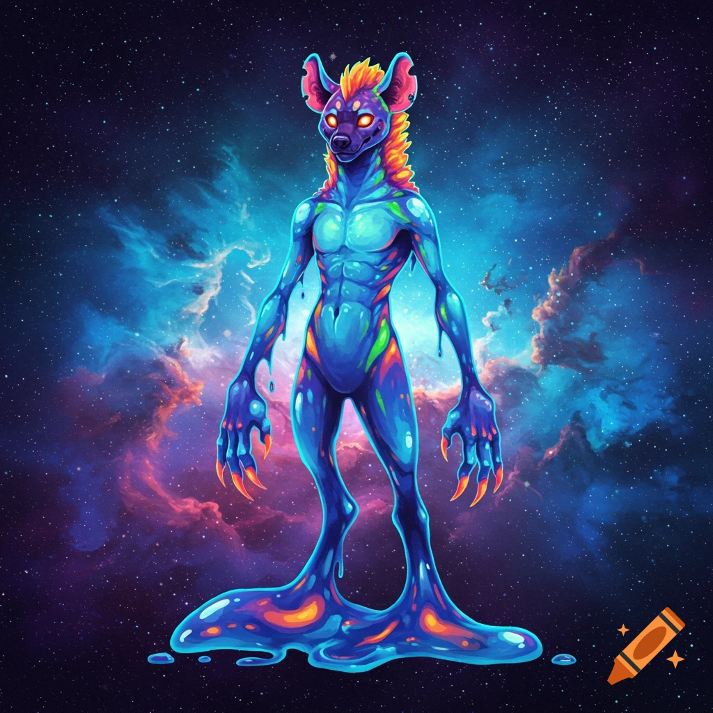 A blue, glowing, anthropomorphic hyena creature made of slime stands in space.
