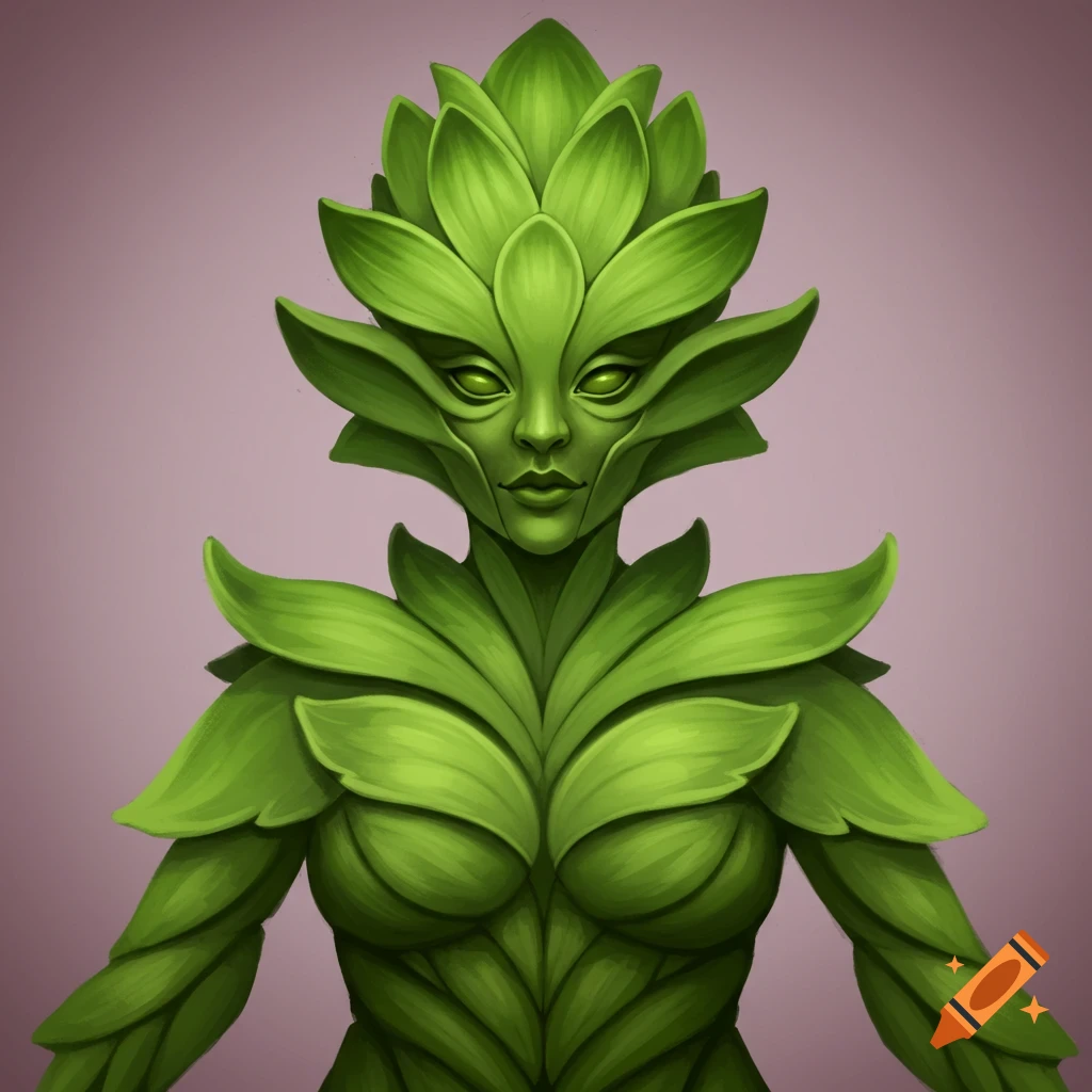 A humanoid plant creature made of green leaves.