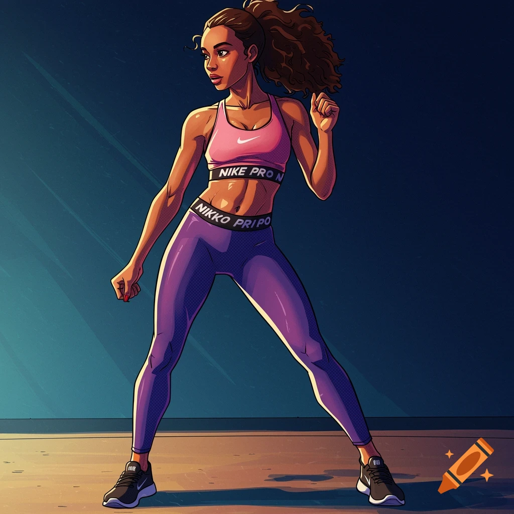 A woman in a pink sports bra and purple leggings posing in a workout.