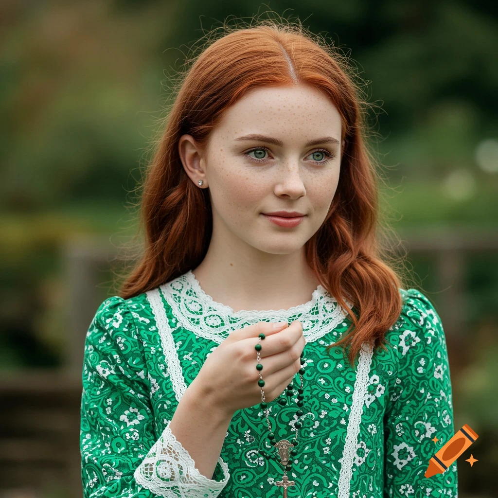 Young girl with red hair and green eyes holding a rosary, wearing a green dress with lace trim.