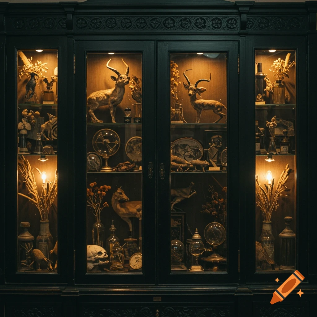 A dimly lit cabinet of curiosities filled with taxidermy, skulls, scientific instruments, and other vintage objects.