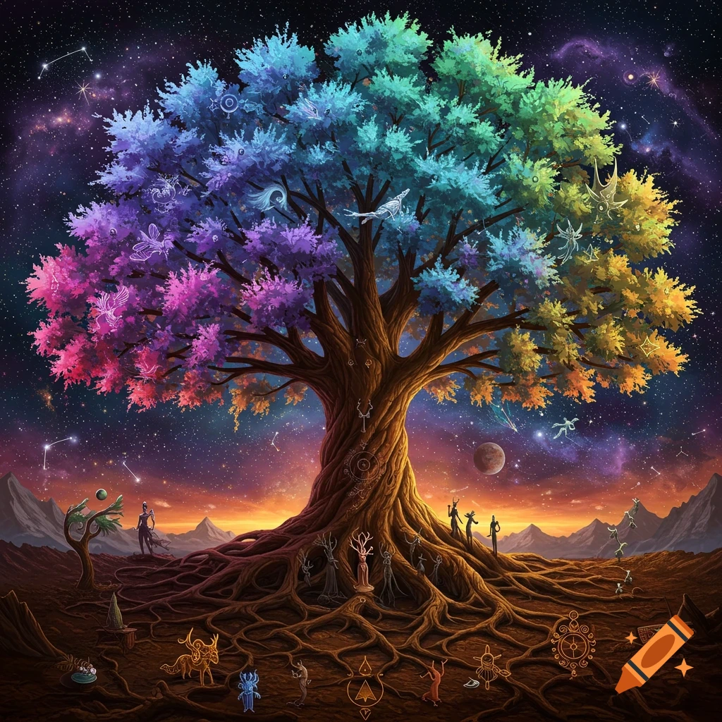 A colorful fantasy tree of life with spreading roots under a starry galaxy sky.