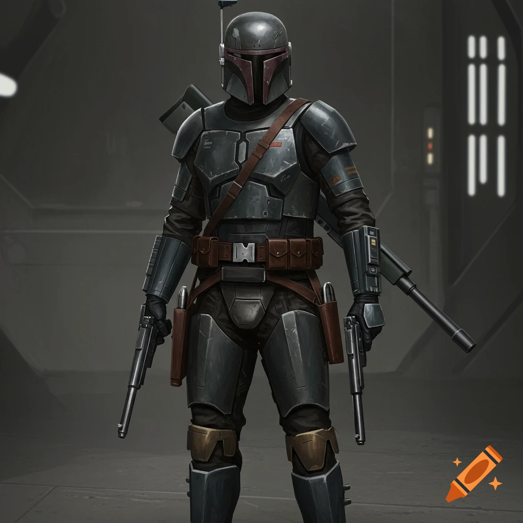 Illustration of a bounty hunter in dark armor with dual pistols