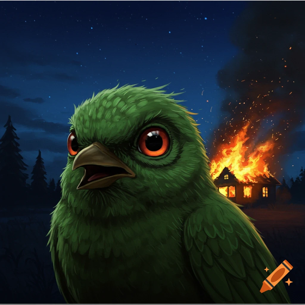 An angry green bird watches a house burn at night.