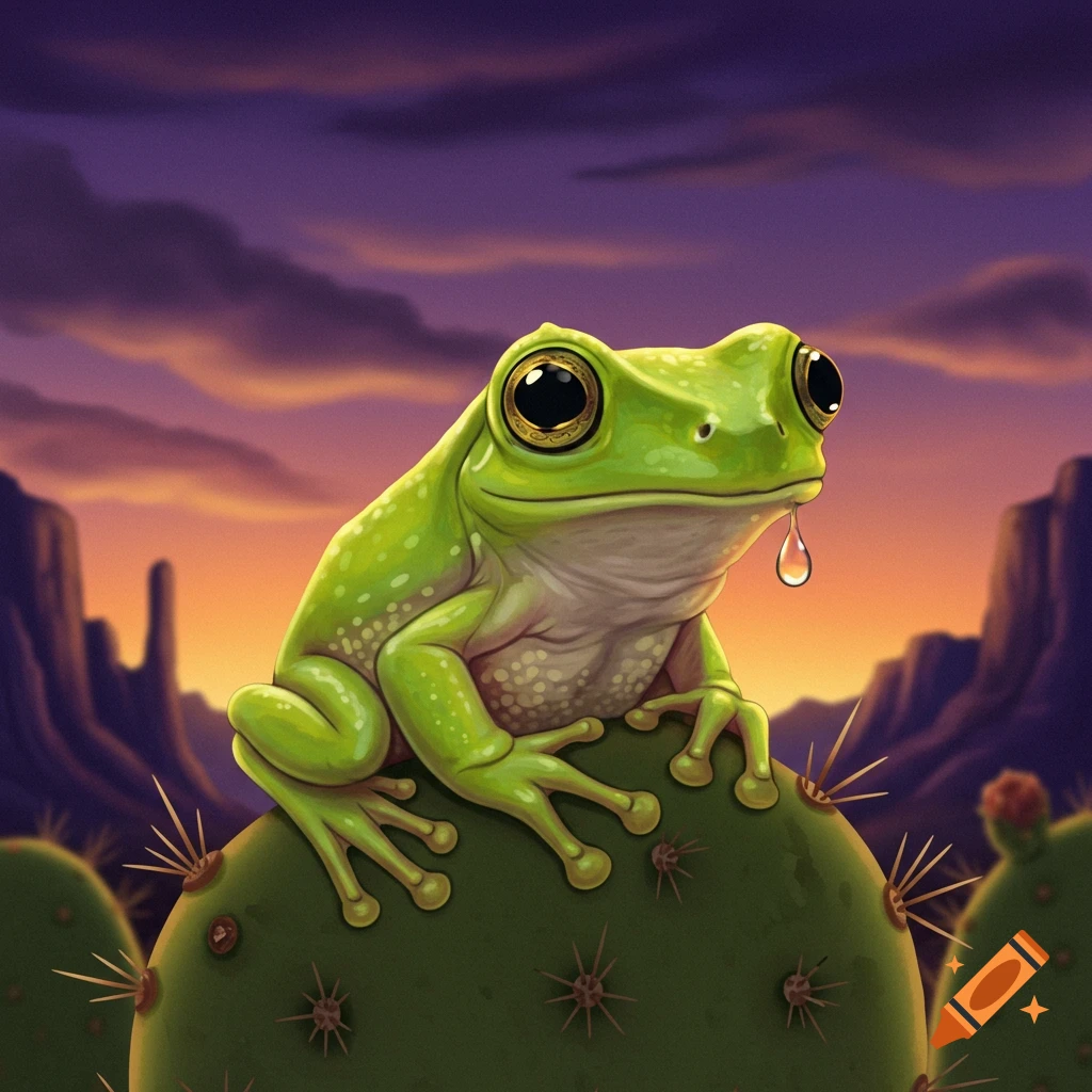 A cute green cartoon frog sits on a cactus in a desert with a sunset sky.