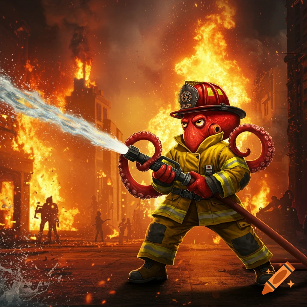 An octopus dressed as a firefighter spraying water on a large fire.