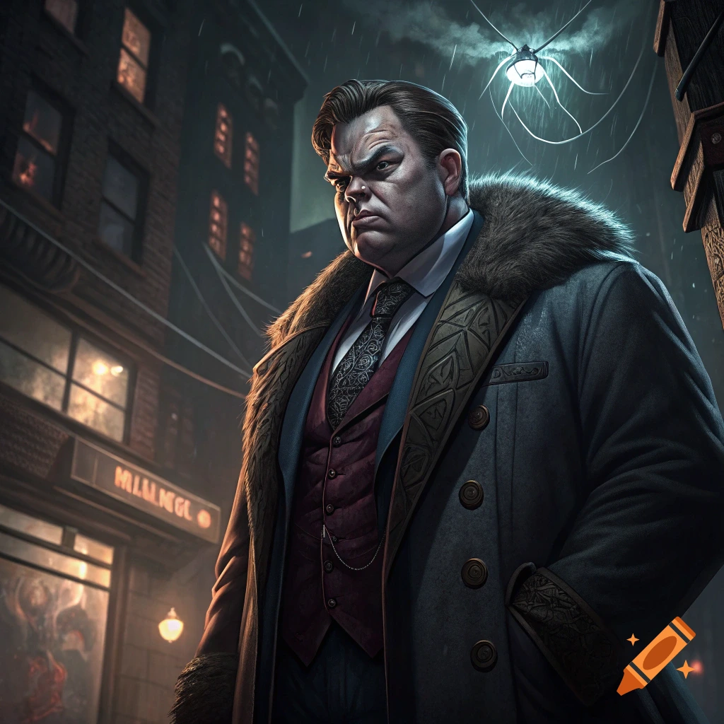 Stylized portrait of a large man in a suit and fur-collared coat on a dark, rainy city street.