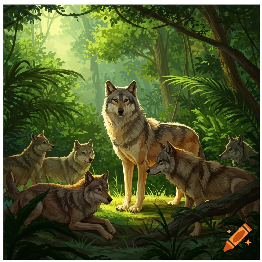 A pack of wolves in a sunny forest.