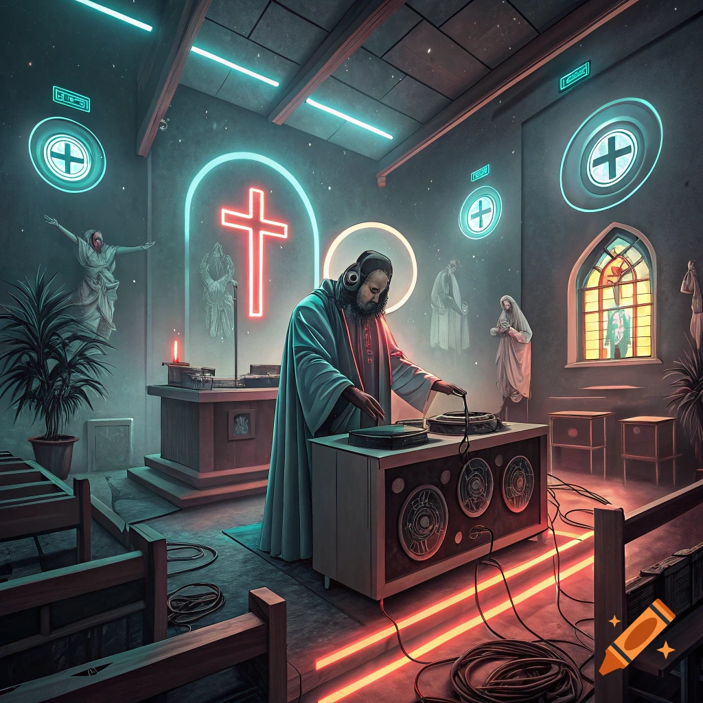 A figure resembling Jesus plays DJ equipment in a neon-lit church with statues and glowing symbols.