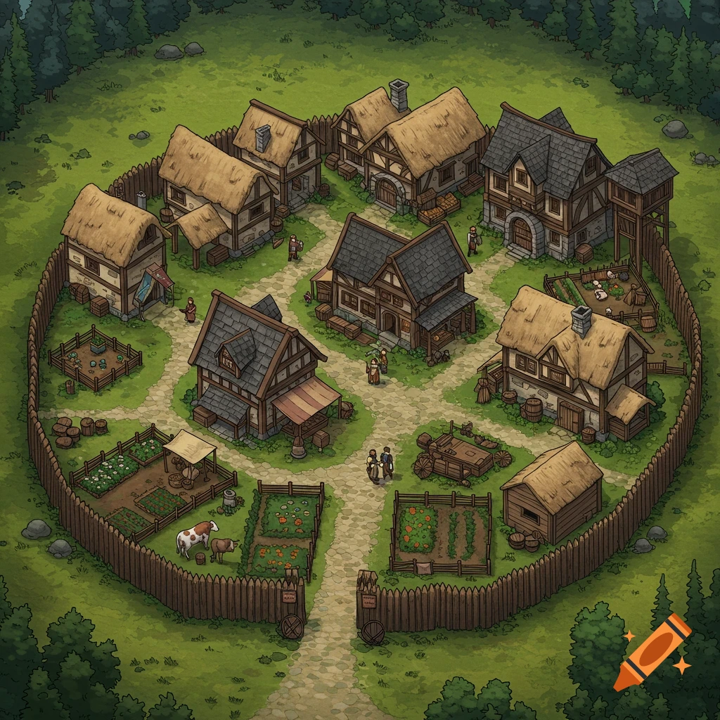 Top-down view of a medieval village with houses, gardens, people, and animals inside a palisade fence.