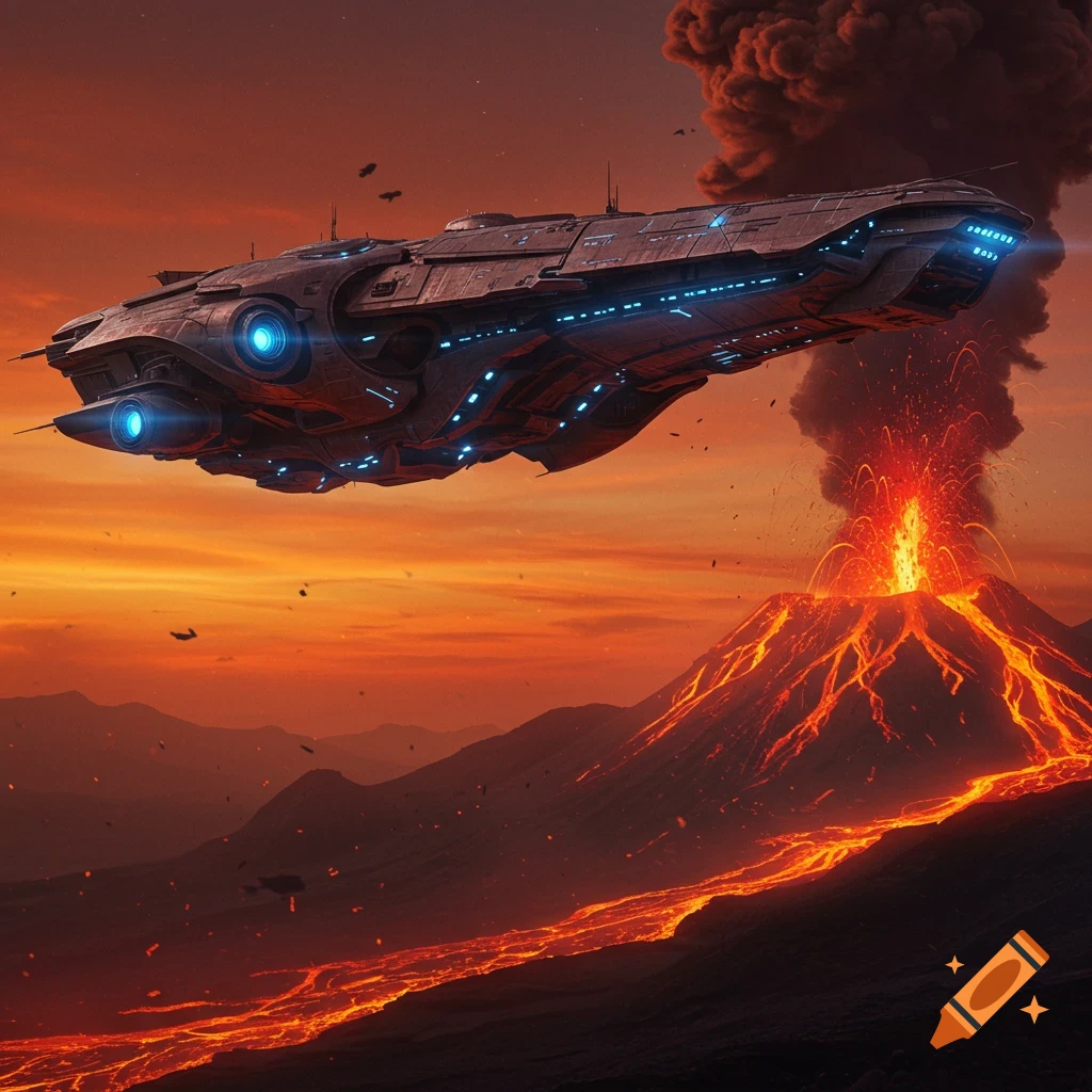 A spaceship flying above an erupting volcano.