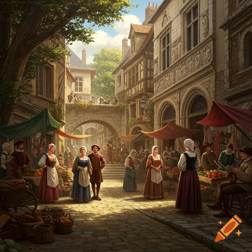A bustling Renaissance market street filled with vendors and shoppers.