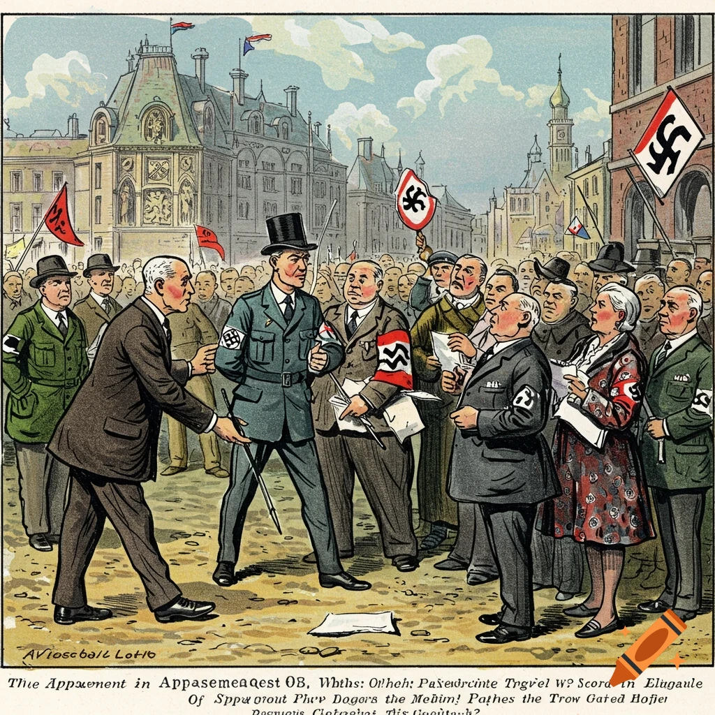 Illustrated political cartoon depicting historical figures with banners in a city square.