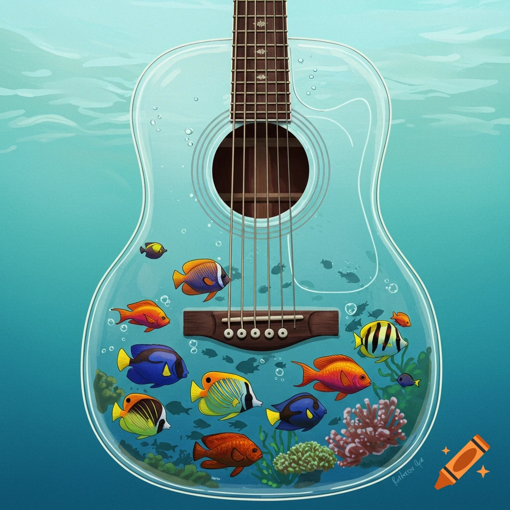 A clear acoustic guitar body filled with colorful fish and coral like an aquarium, underwater.