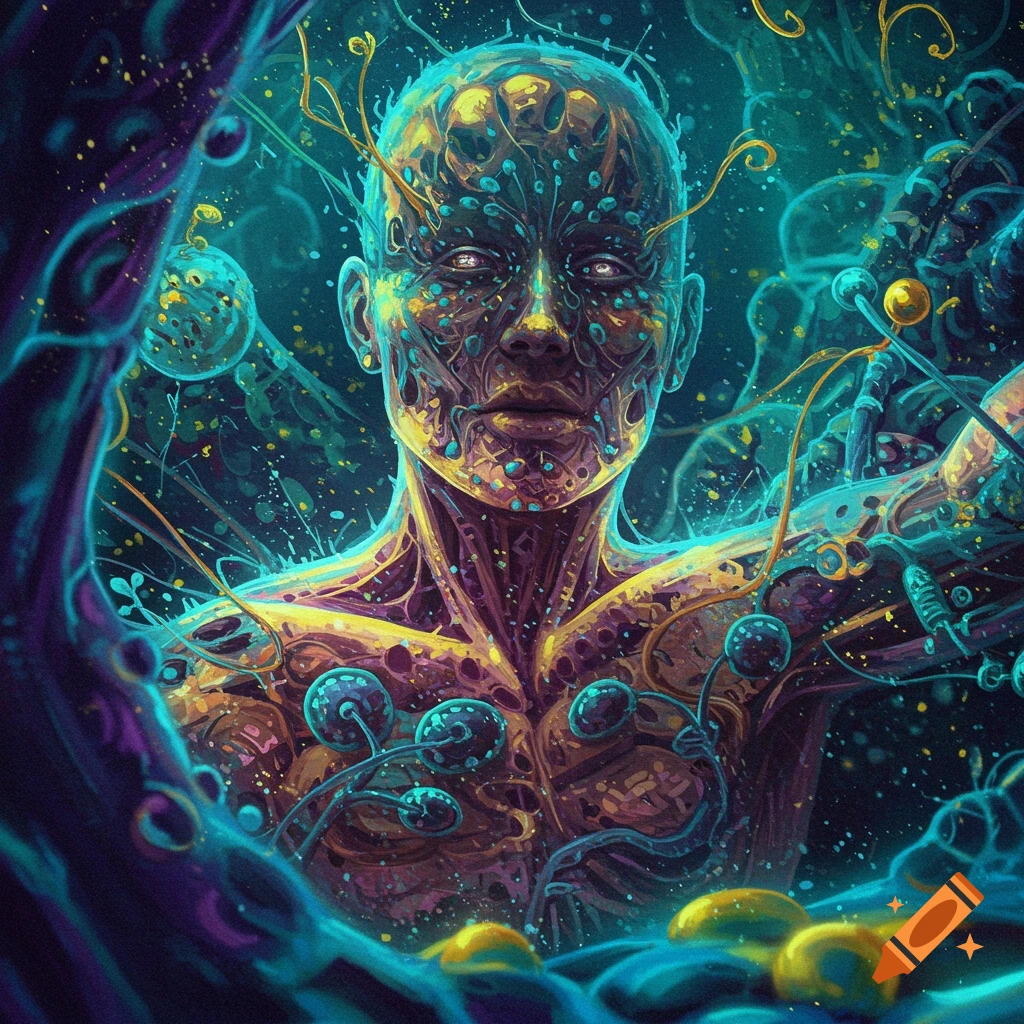 A surreal figure merging organic & mechanical forms, glowing vibrant blue, yellow, purple.