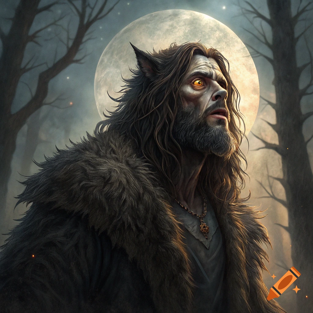 A werewolf-like figure with glowing eyes looks up at a large moon in a dark forest.