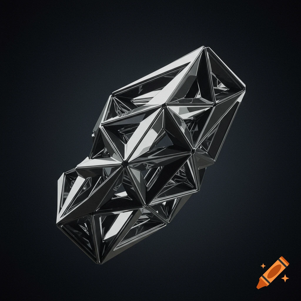 A shiny, complex metallic geometric structure floats against a dark background.