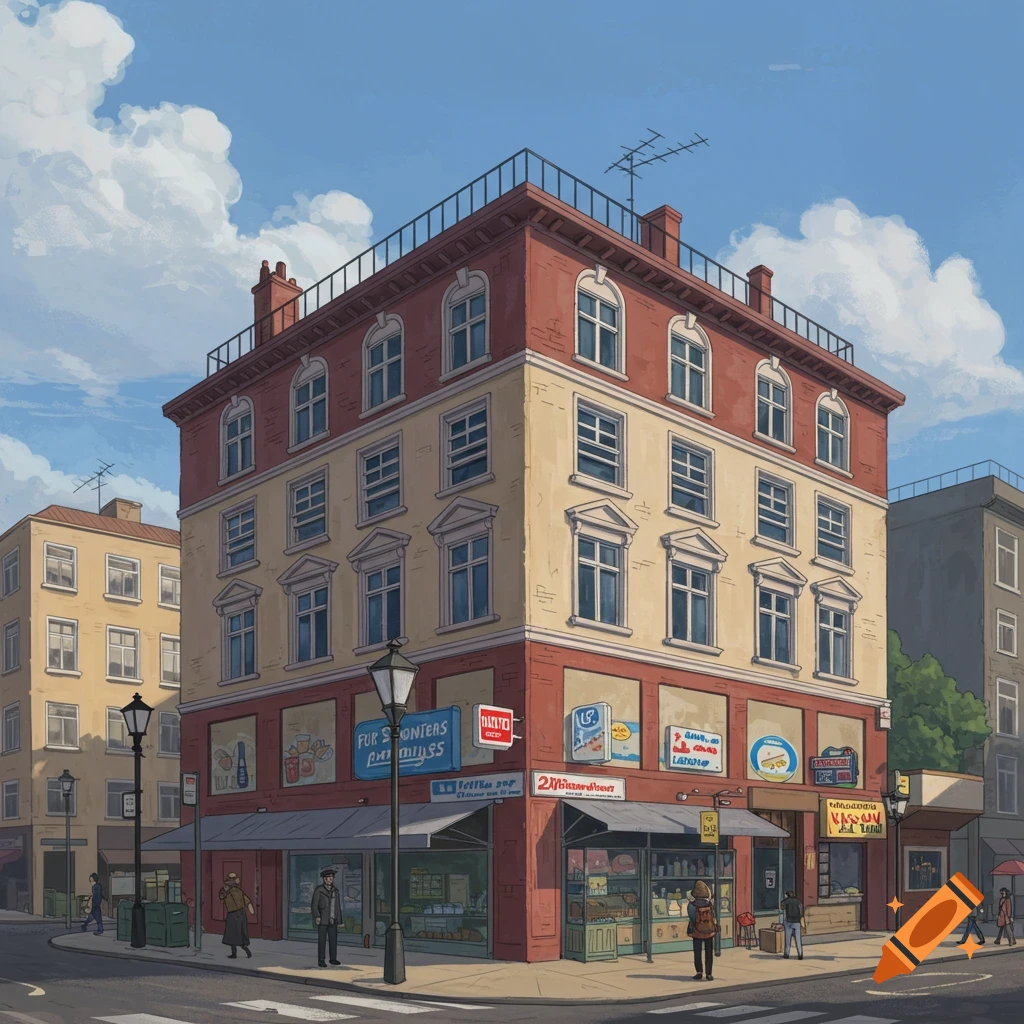 A street corner with buildings, storefronts, and pedestrians.