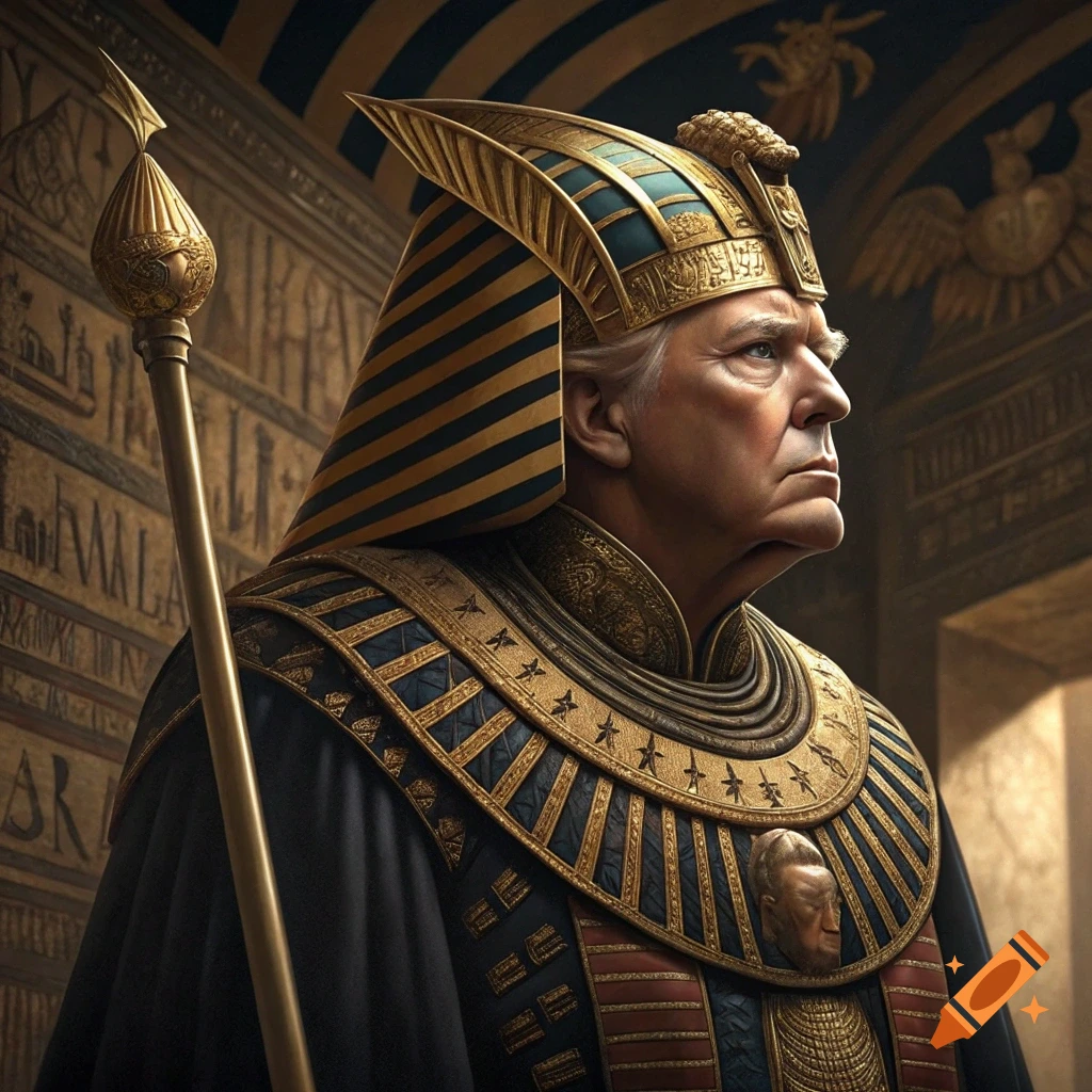 Portrait of a man resembling Donald Trump dressed as an Egyptian pharaoh in ornate costume.