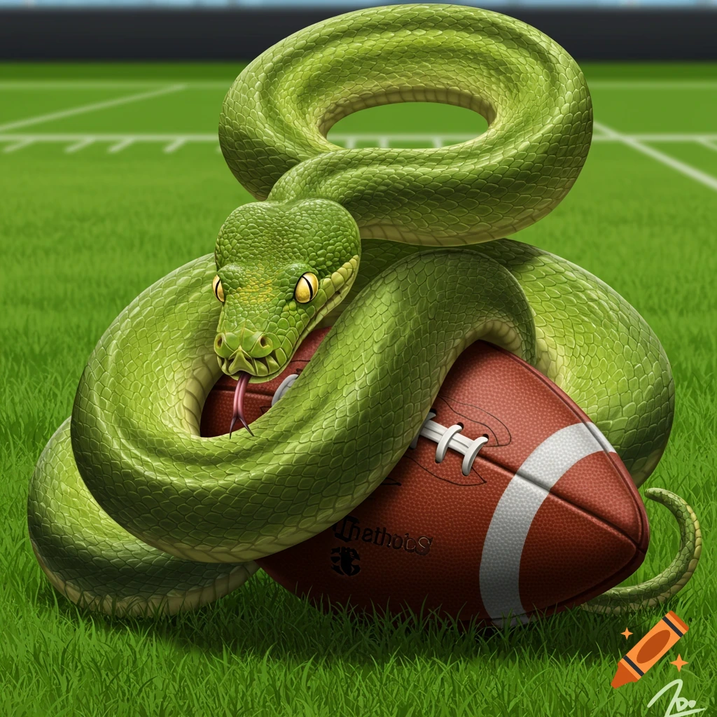 A green python is coiled around a football on a grassy field. on Craiyon