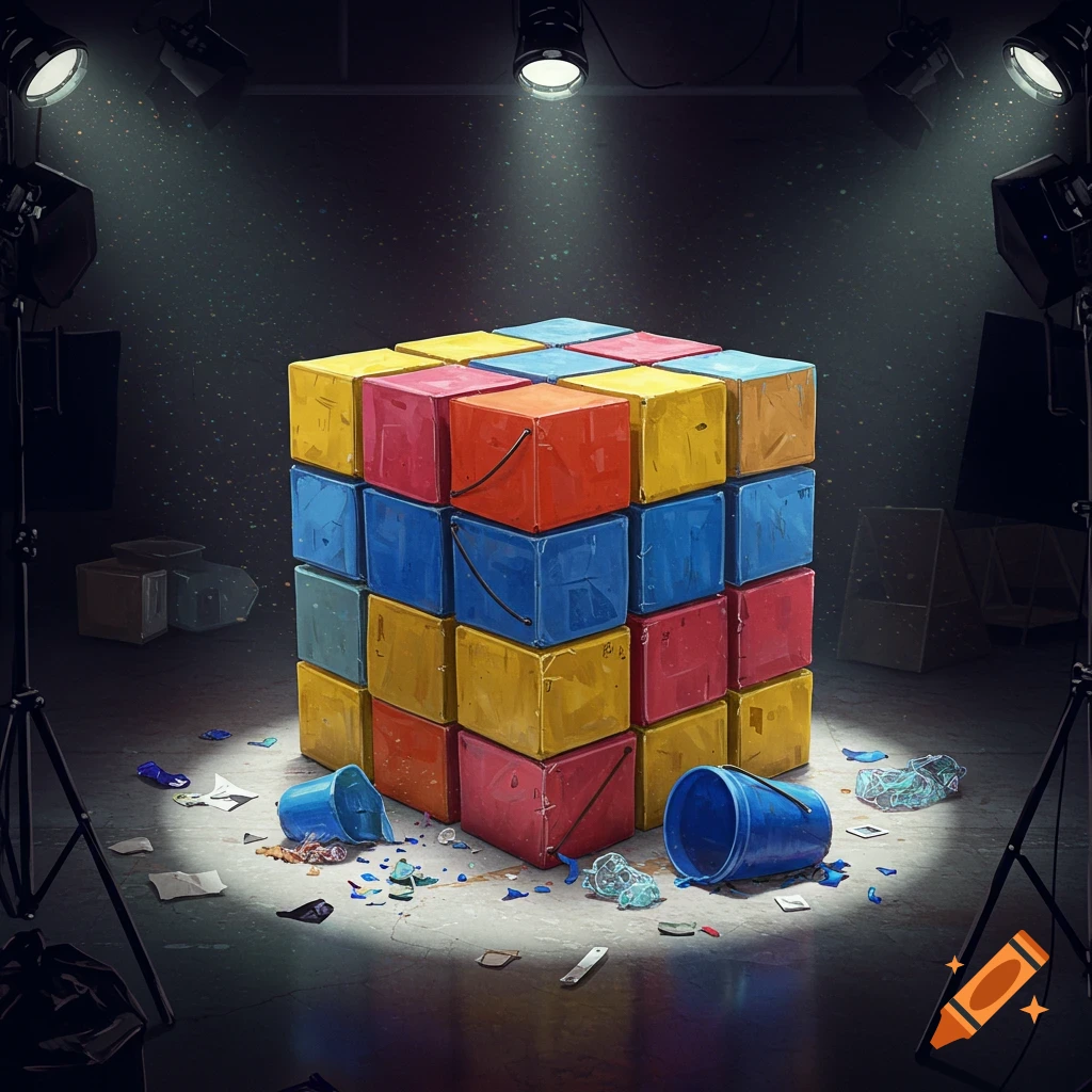 A large cube made of colorful plastic buckets sits on a floor surrounded by debris and lit by stage lights.