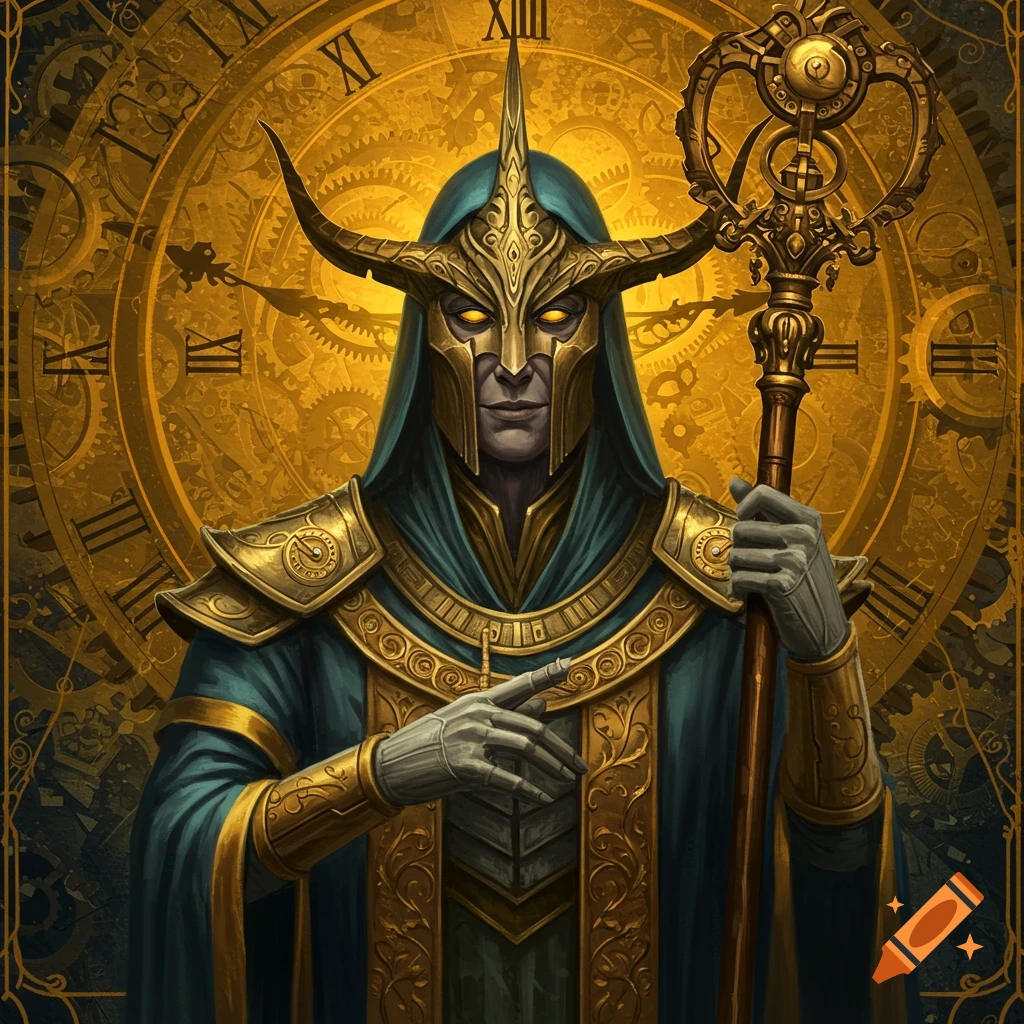 A fantasy character in elaborate gold armor and teal cloak, holding a staff, against a giant clockwork mechanism.
