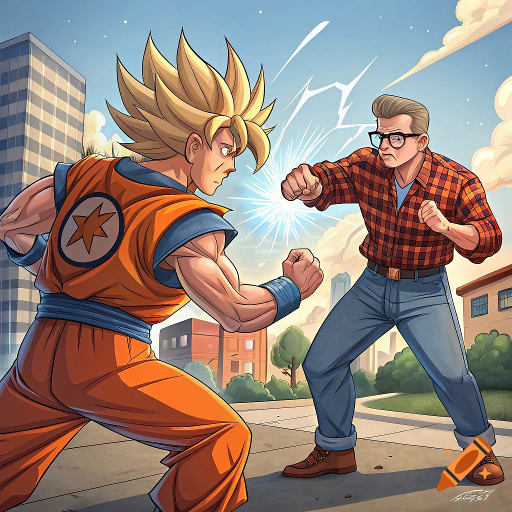 Anime style illustration of Goku fighting Hank Hill in a city street.
