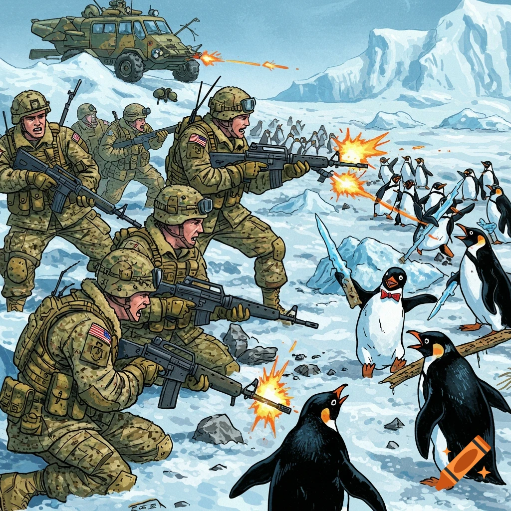 Comic book style image of American soldiers fighting penguins in the snow.