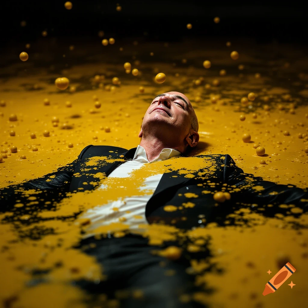 A man resembling Jeff Bezos floats covered in yellow liquid and spheres.