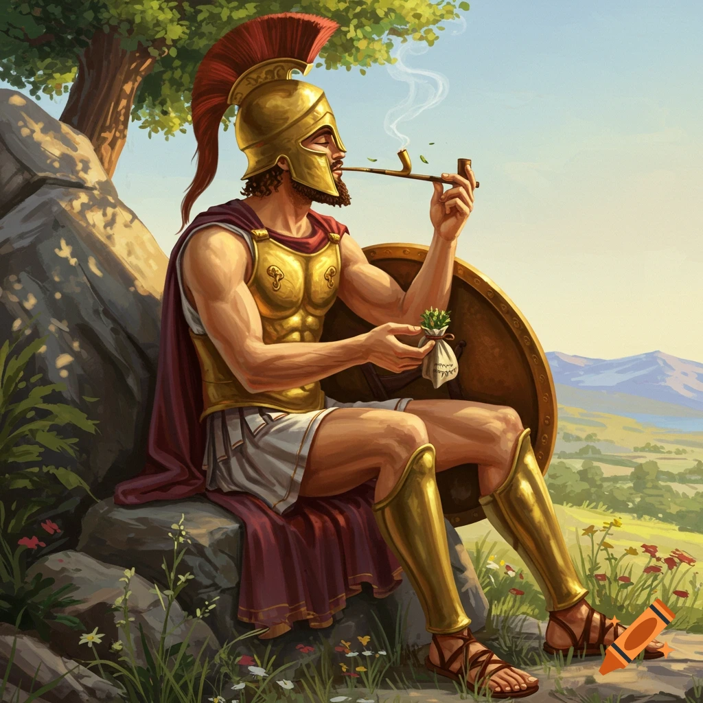 An Ancient Greek soldier is sitting on a rock, smoking a pipe and holding a bag, in a landscape.