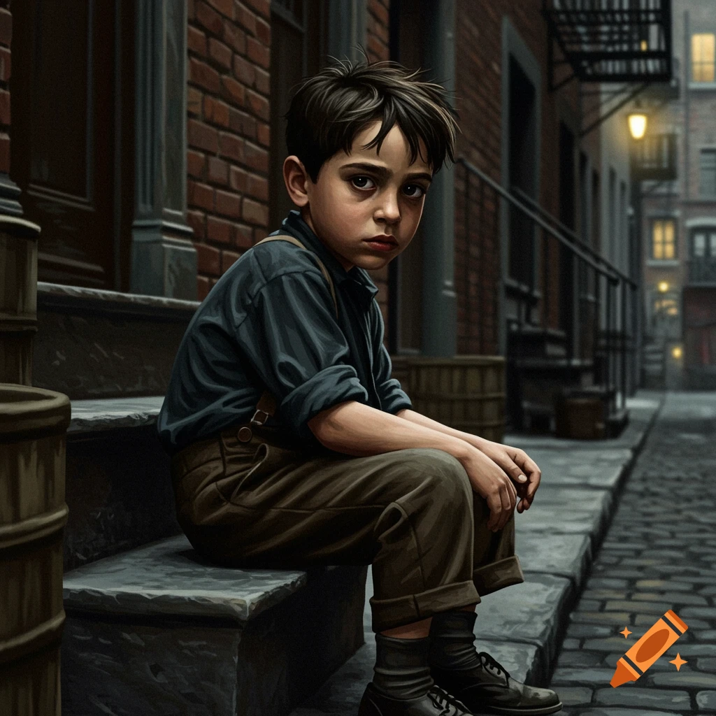 A young boy sits on a stoop in a dark, brick alleyway.