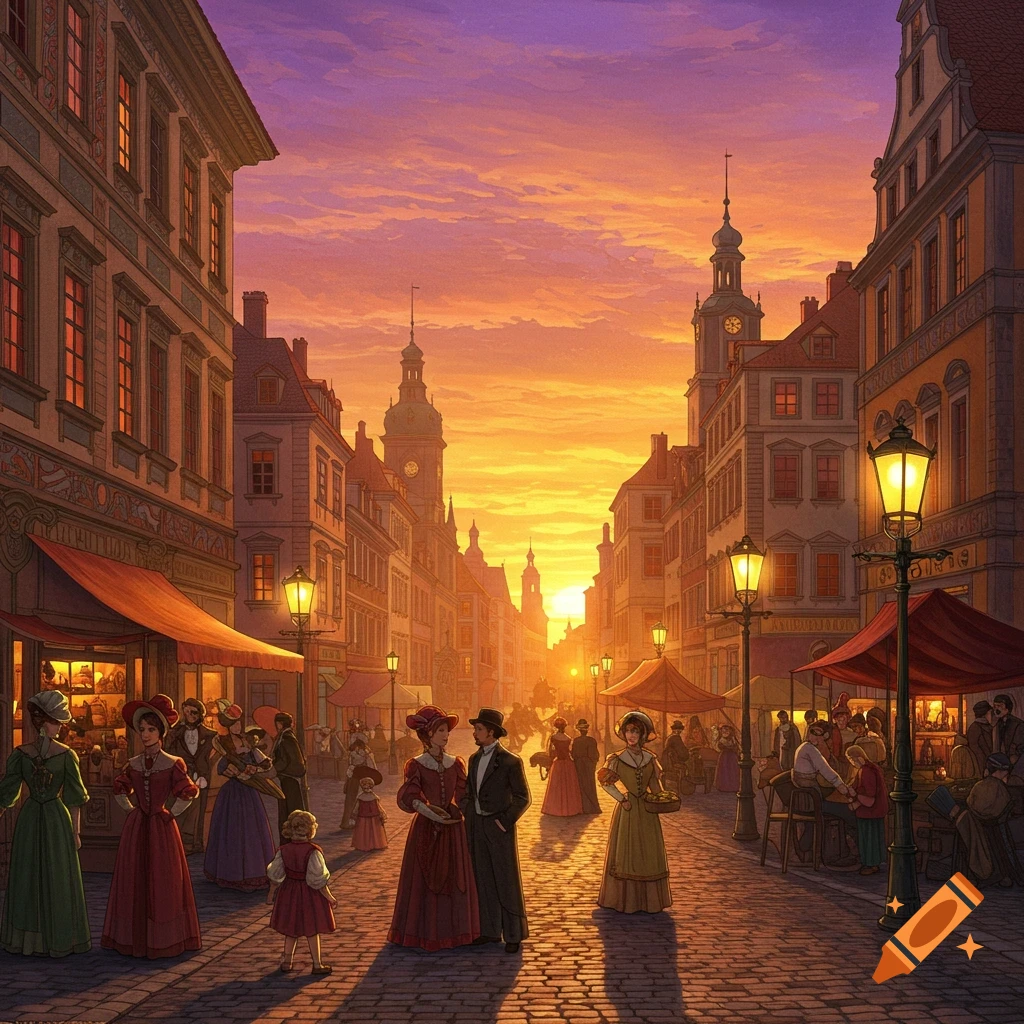 Painting of a historical city street at sunset with people