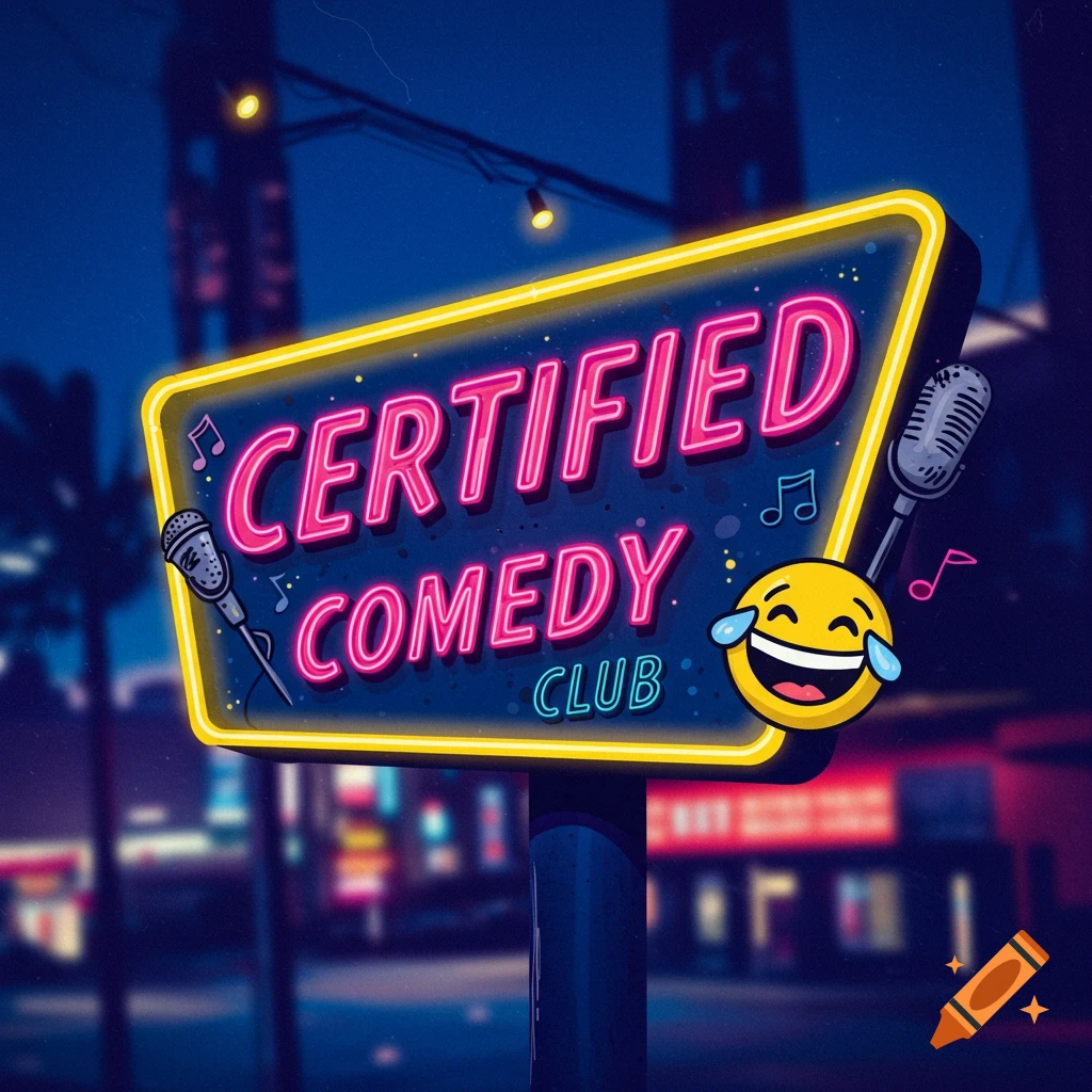 Neon sign for Certified Comedy Club with microphones and laughing emoji