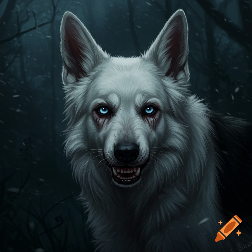 A scary white wolf or dog with glowing blue eyes and bared teeth in a dark forest with snow.