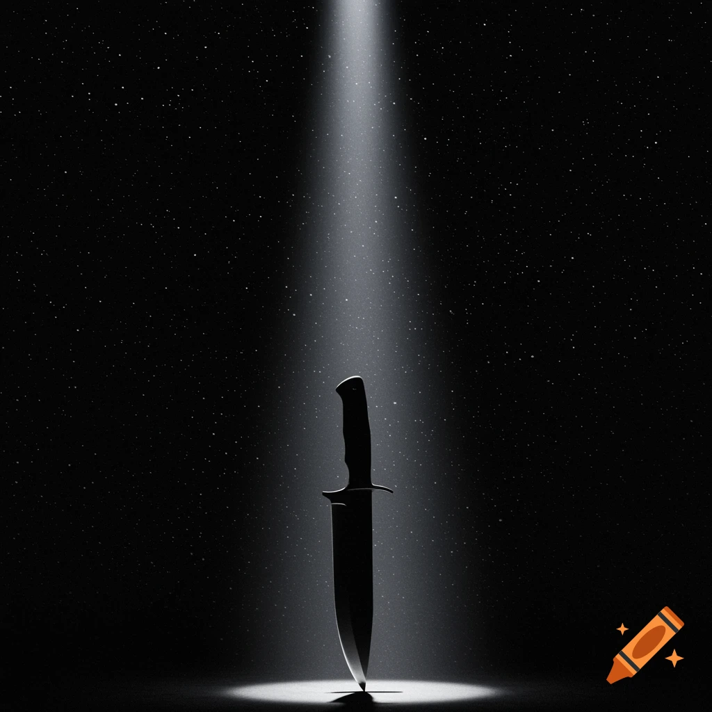 A knife silhouetted by a spotlight against a starry night sky in a dark, cinematic style.
