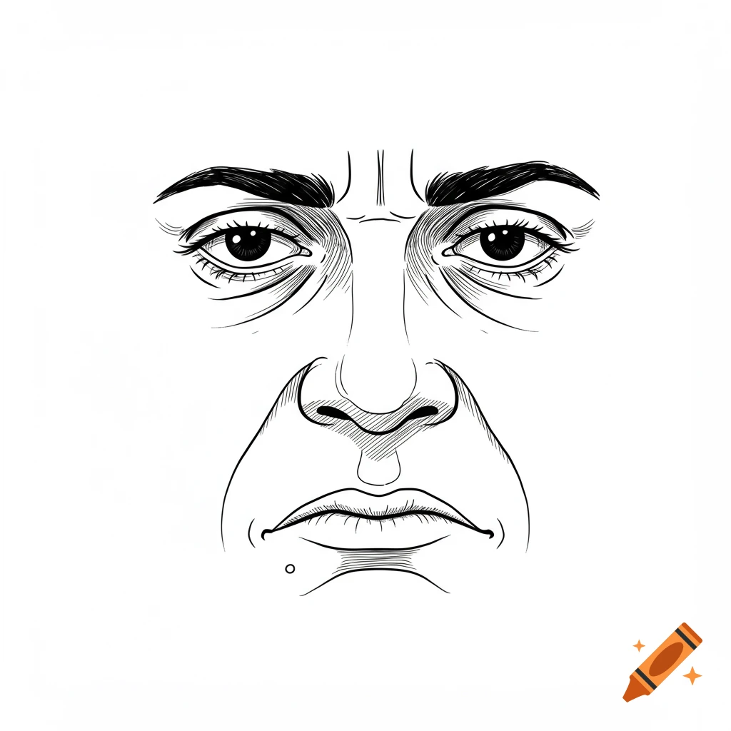 Black and white line art drawing of a fed-up face.