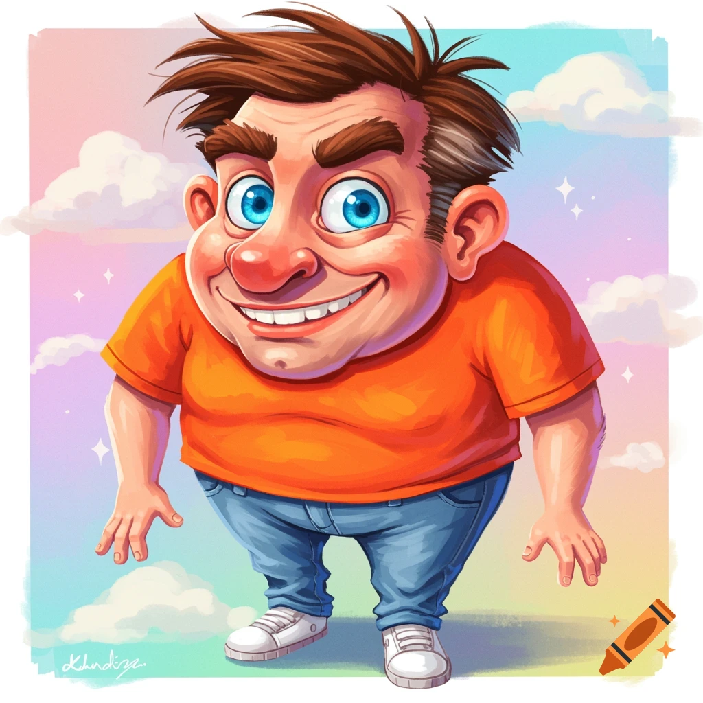A cartoon man with a wide grin, orange shirt, jeans, and blue eyes stands against a pastel sky background.