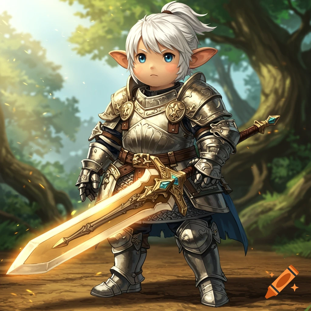 A small fantasy warrior in shining plate armor holds a glowing golden sword in a forest setting.