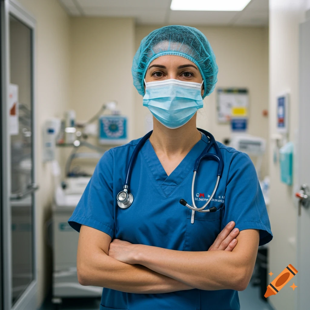A nurse in a blue uniform, mask, and cap stands with arms crossed in a hospital hallway.