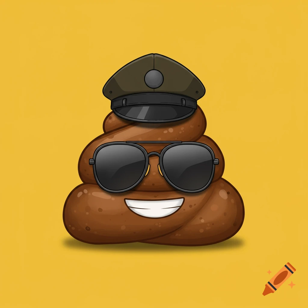 A smiling poop emoji wears a police hat and sunglasses.