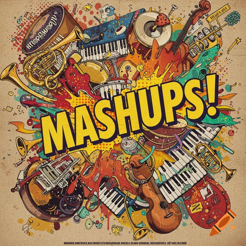 Stylized collage of musical instruments with the word MASHUPS! in a graphic style.