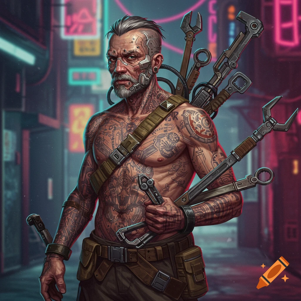 A tattooed sci-fi veteran with cybernetics holds tools in a neon-lit alley.