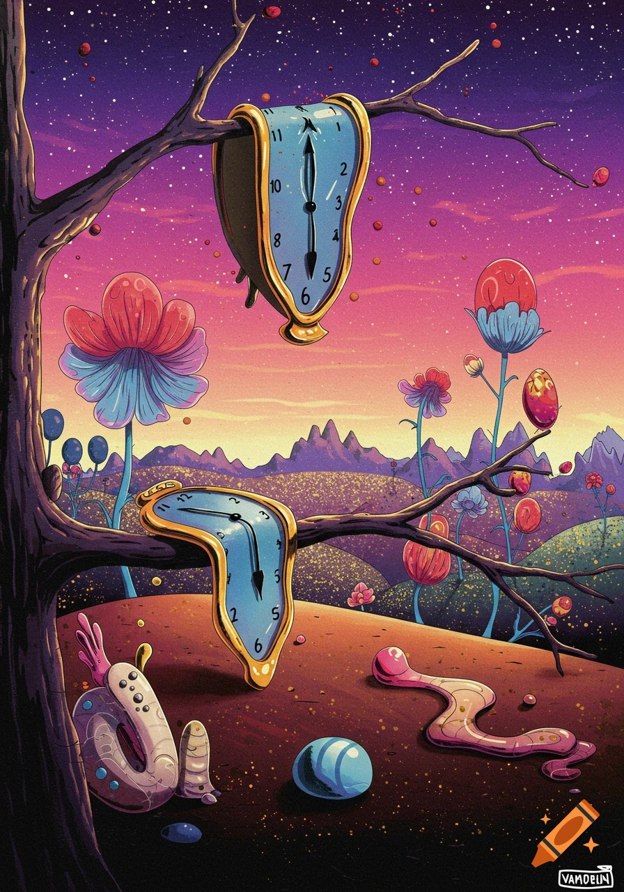 Surreal landscape with melting clocks hanging from trees, strange plants, and creatures under a starry sky.