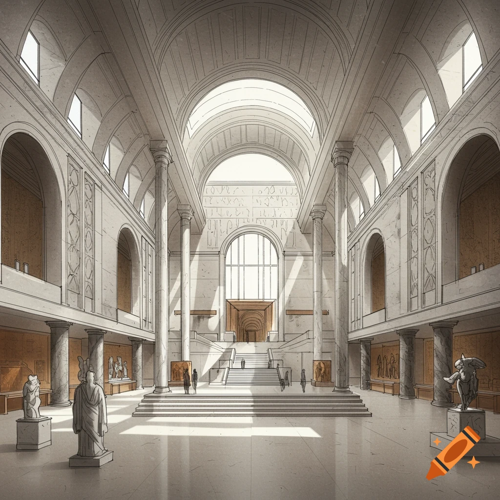 Architectural sketch of a grand museum hall with tall columns and sculptures