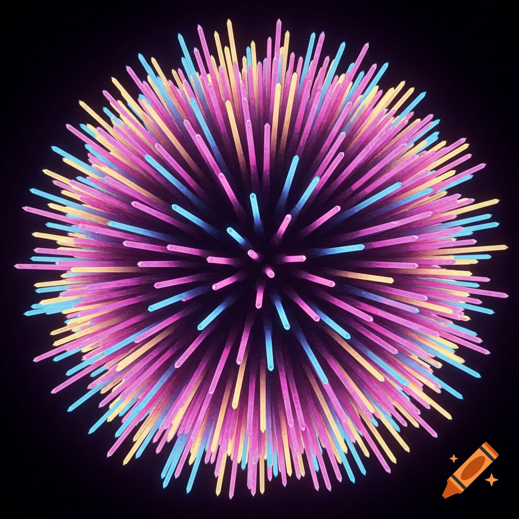 Abstract sphere with pink, blue, and yellow light spikes on a black background.