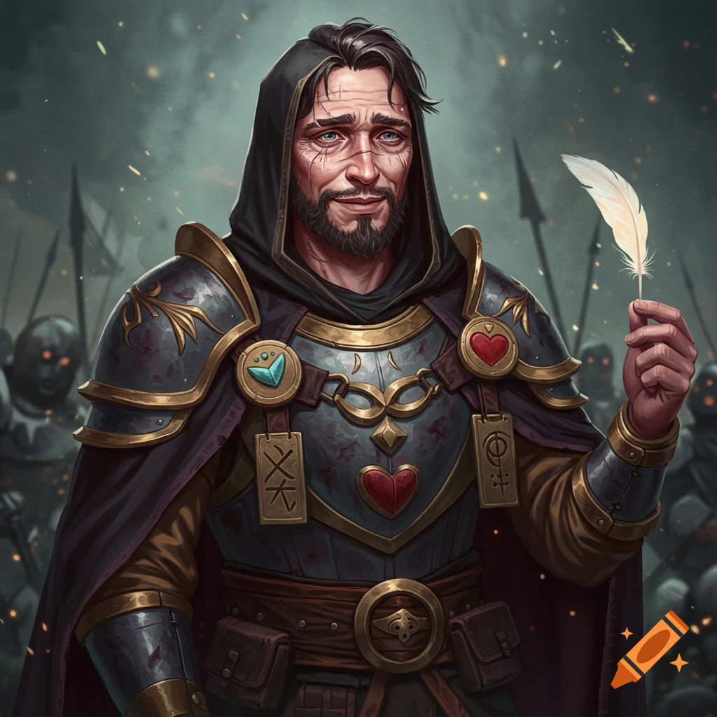 A man in fantasy armor holds a feather, with soldiers in the background.