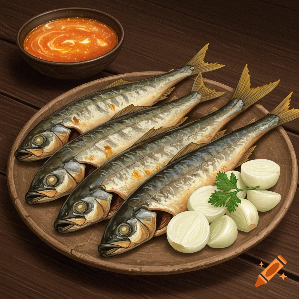 Four whole fish, sliced onions, and a bowl of orange sauce on a plate.