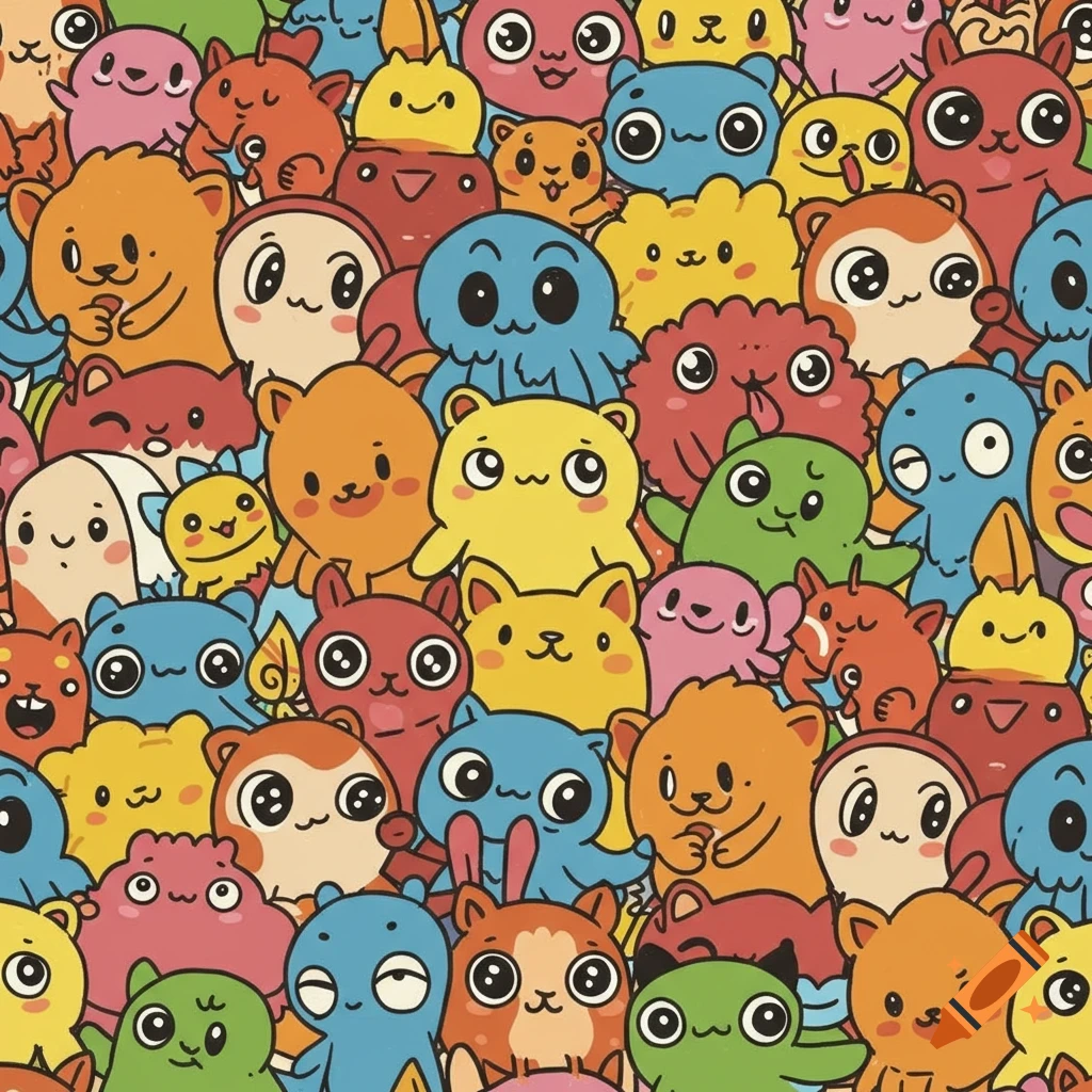 Seamless pattern of colorful, cute cartoon monsters and animals